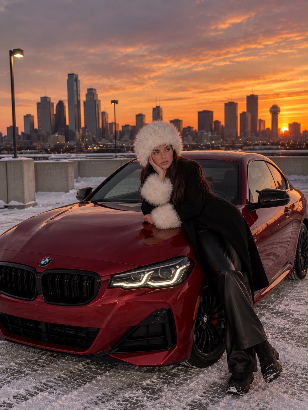 Katie in a white fur hat leaning on a red BMW at sunset, the Dallas skyline behind her