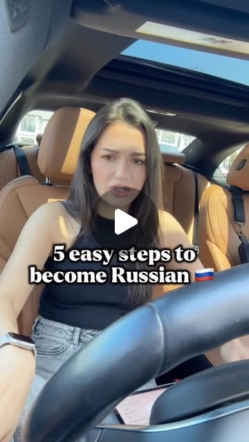 Cover: Katie in her car, text reads 5 easy steps to become Russian