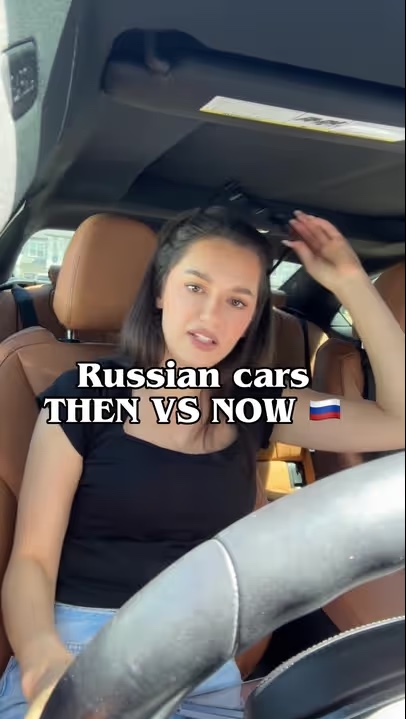 Cover: Katie in her car, text reads Russian cars then vs now